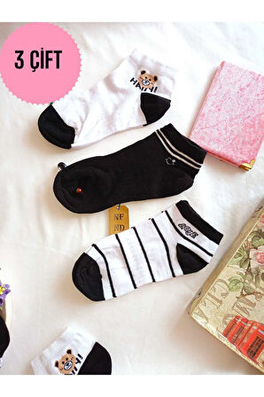 3 ÇİFT DİKİŞSİZ ÇORAP PATİK YUMUŞAK PAMUKLU KISA KONÇ DESENLİ KADIN ÇORABI 36-40 SİYAH BEYAZ