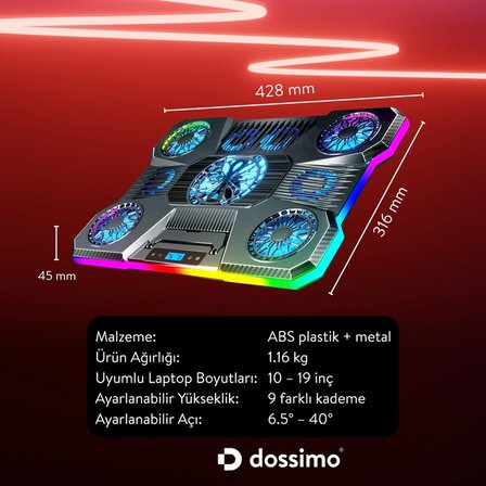 Dossimo 9 Fanlı Yüksek Performans RGB Aydınlatmalı Yükseklik Ayarlanabilen Notebook Soğutucu 