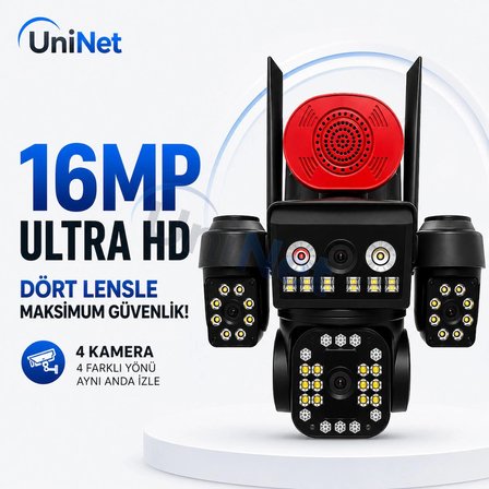 Uninet 4K Pro 16MP 4 Kameralı WiFi Güvenlik Kamerası 360° Pan-Tilt Renkli Gece Görüşü IP66