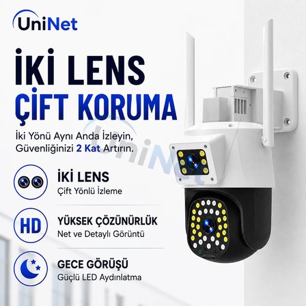 Uninet 6mp Çift Lensli Dış Mekân Güvenlik Kamerası – 355° Ptz Döner Başlık, Siren, Polis Çakarı ve Çift Yönlü Ses