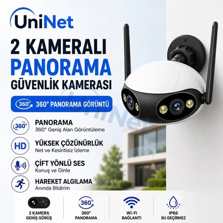 Uninet Panoramik 5mp Çift Kameralı Wifi Dış Mekân Güvenlik Kamerası – 180 Derece Iki Lensli Panoramik Görüş, Renkli Gece Görüşü ve Çift Yönlü Ses