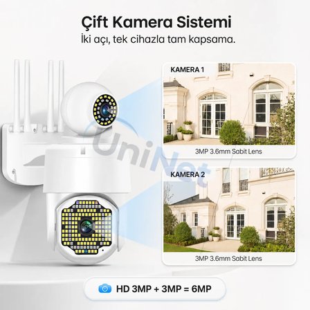 Uninet 3mp+3mp Çift Lensli Ptz Wifi Güvenlik Kamerası – Otomatik Takip, ICAM365, Gece Görüşü ve Çift Yönlü Ses