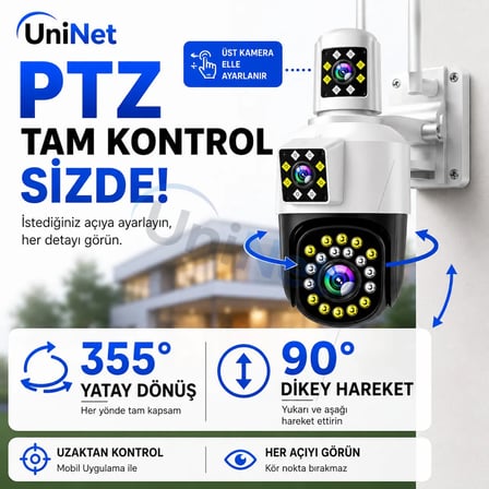 Uninet 5mp Çift Kameralı Wifi Ptz Güvenlik Kamerası – 355° Döner, Lazer Flash Led, Insan Takibi ve Gece Görüşü