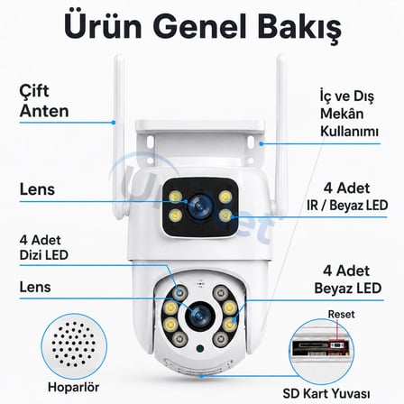 Uninet YS-10 Pro 6MP Çift Lensli WiFi PTZ Güvenlik Kamerası Beyaz İnsan Takibi