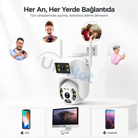 Uninet Çift Kameralı 355 Derece Döner Başlıklı Wifi Güvenlik Kamerası – Hareket Takibi, Gece Görüşü ve Uzaktan Izleme