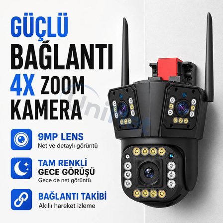 Uninet 5mp Üç Kameralı Wifi Ptz Güvenlik Kamerası – 355°/90° Dönebilen Kamera , Akıllı Takip, Dijital Zoom, Siren ve Ip Dış Mekân