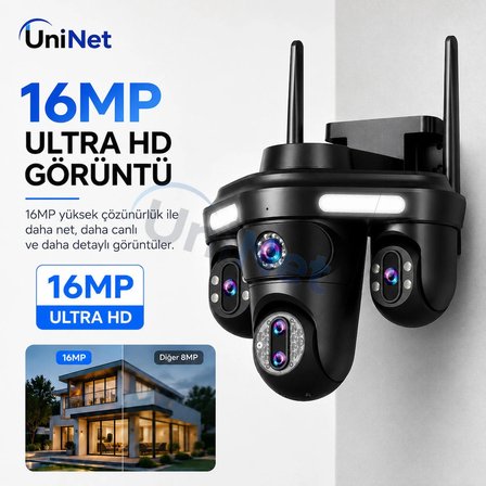 Uninet YS18 Pro Max 16 MP 4 Lensli WiFi PTZ Dış Mekan Güvenlik Kamerası Siyah