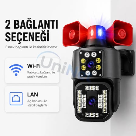 Uninet 6mp Çift Lensli Dış Mekân Güvenlik Kamerası – 355° Ptz Döner Başlık, Siren, Polis Çakarı ve Çift Yönlü Ses