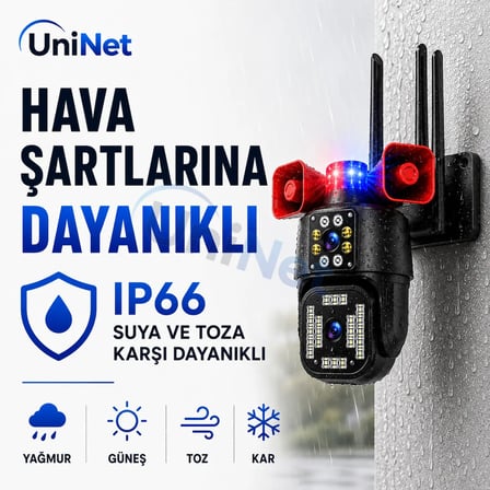 Uninet 6mp Çift Lensli Dış Mekân Güvenlik Kamerası – 355° Ptz Döner Başlık, Siren, Polis Çakarı ve Çift Yönlü Ses