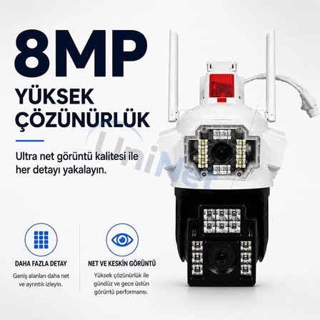 Uninet 8Mp 4 Kameralı Wifi Ptz Döner Başlıklı Güvenlik Kamerası – 3 Sabit + 1 Hareketli, Polis Çakarı, Ve Gece Görüşü