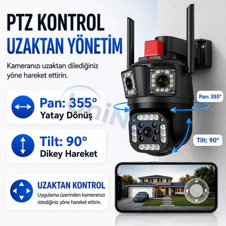 Uninet 9mp Çift Lensli Wifi Ptz Güvenlik Kamerası – 3 Ekran Görüntü, 50 Metre Gece Görüşü ve Polis Çakarı