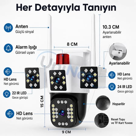 ys-24 pro 6mp üç kameralı wifi kamera – 3 ekranlı görüntü, ptz döner başlık, siren ve çift yönlü ses 355 derece döner