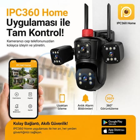 9mp Wifi Ptz Kamera – 3 Kameralı, 355 Derece Dönebilen Başlıklı, Renkli Gece Görüşü ve Çift Yönlü Ses Özellikli