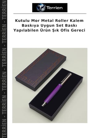 Kutulu Mor Metal Roller Kalem Baskıya Uygun Set Baskı Yapılabilen Ürün Şık Ofis Gereci
