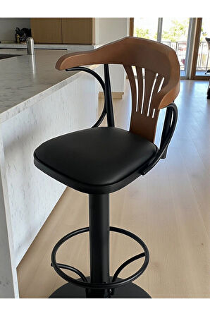 T168/75 Dönerli Bar Sandalyesi – Siyah Deri Oturum, İnegöl Ceviz Sırt 75 cm Yükseklik