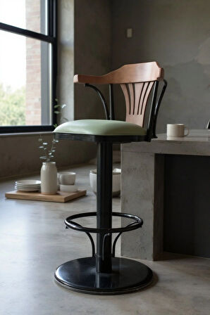 T168/75 Dönerli Bar Sandalyesi – Yeşil Deri Oturum, İnegöl Ceviz Sırt 75 cm Yükseklik