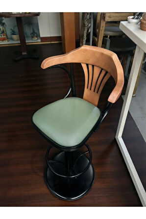 T168/75 Dönerli Bar Sandalyesi – Yeşil Deri Oturum, İnegöl Ceviz Sırt 75 cm Yükseklik