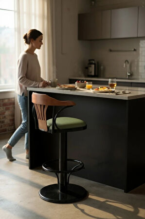 T168/75 Dönerli Bar Sandalyesi – Yeşil Deri Oturum, İnegöl Ceviz Sırt 75 cm Yükseklik