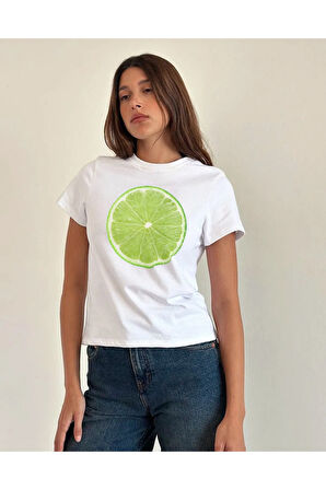 Limon Baskılı Bisiklet Yaka Basic Trend Kadın T-shirt