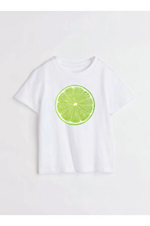 Limon Baskılı Bisiklet Yaka Basic Trend Kadın T-shirt