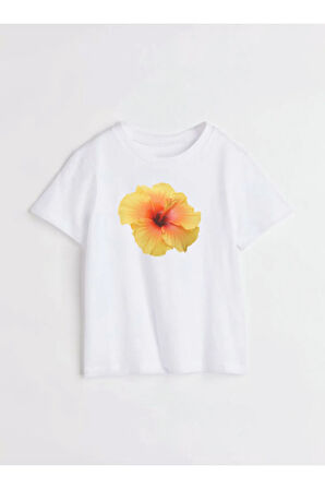 Sarı Hibiskus Çiçeği Baskılı Bisiklet Yaka Basic Trend Kadın T-shirt