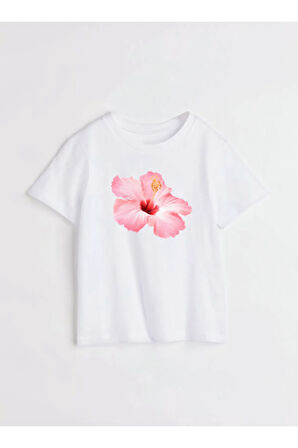 Açık Pembe Hibiskus Çiçeği Baskılı Bisiklet Yaka Basic Trend Kadın T-shirt