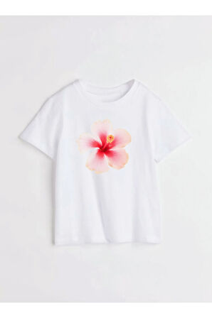 Hibiskus Çiçeği Baskılı Bisiklet Yaka Basic Trend Kadın T-shirt