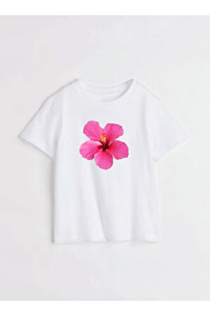 Koyu Pembe Hibiskus Çiçeği Baskılı Bisiklet Yaka Basic Trend Kadın T-shirt