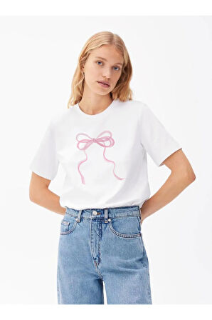 İnce Kurdele Baskılı Bisiklet Yaka Basic Trend Kadın T-shirt