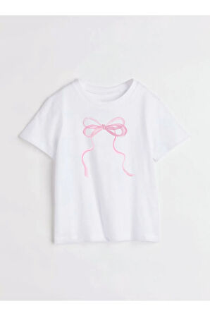 İnce Kurdele Baskılı Bisiklet Yaka Basic Trend Kadın T-shirt