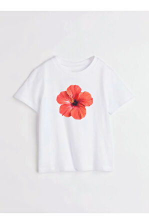 Kırmızı Hibiskus Çiçeği Baskılı Bisiklet Yaka Basic Trend Kadın T-shirt