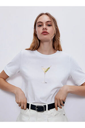 Kokteyl Baskılı Bisiklet Yaka Basic Trend Kadın T-shirt