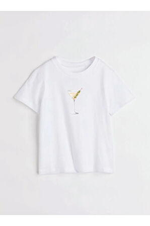 Kokteyl Baskılı Bisiklet Yaka Basic Trend Kadın T-shirt