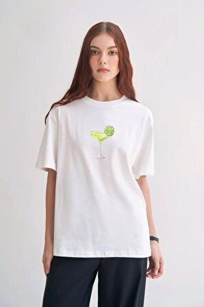 Lime Kokteyl Baskılı Bisiklet Yaka Basic Trend Kadın T-shirt