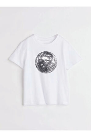 Disco Topu Baskılı Bisiklet Yaka Basic Trend Kadın T-shirt