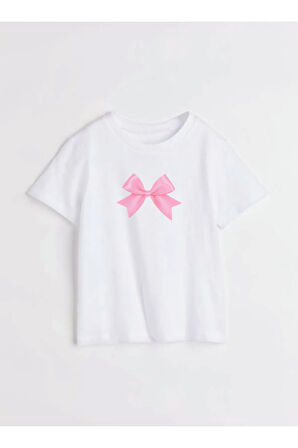 Pembe Kurdele Baskılı Bisiklet Yaka Basic Trend Kadın T-shirt