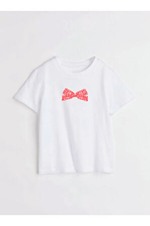 Kırmızı Ekose Kurdele Baskılı Bisiklet Yaka Basic Trend Kadın T-shirt