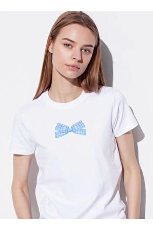 Mavi Ekose Kurdele Baskılı Bisiklet Yaka Basic Trend Kadın T-shirt