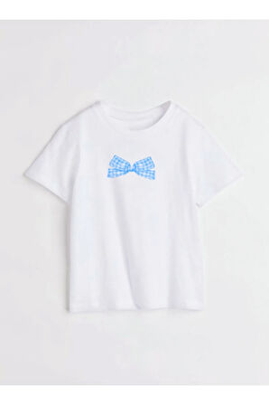 Mavi Ekose Kurdele Baskılı Bisiklet Yaka Basic Trend Kadın T-shirt