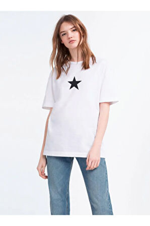 Siyah Yıldız Baskılı Bisiklet Yaka Basic Trend Kadın T-shirt