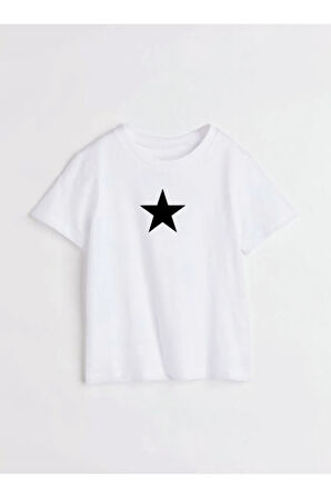 Siyah Yıldız Baskılı Bisiklet Yaka Basic Trend Kadın T-shirt