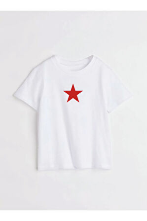Kırmızı Yıldız Baskılı Bisiklet Yaka Basic Trend Kadın T-shirt