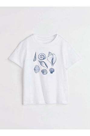 Deniz Kabuğu Baskılı Bisiklet Yaka Basic Trend Kadın T-shirt