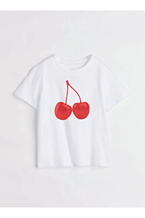 Kiraz Baskılı Bisiklet Yaka Basic Trend Kadın T-shirt