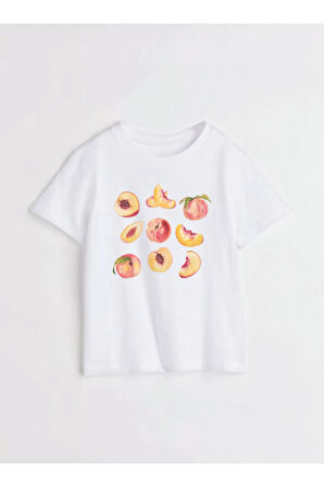 Şeftali Baskılı Bisiklet Yaka Basic Trend Kadın T-shirt