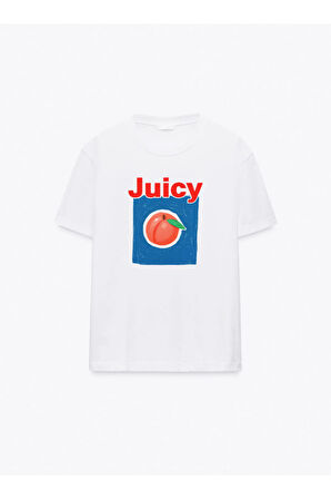 Juicy Baskılı Bisiklet Yaka Basic Trend Kadın T-shirt