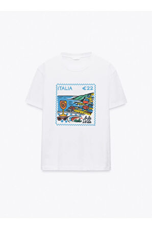 Italia Baskılı Bisiklet Yaka Basic Trend Kadın T-shirt