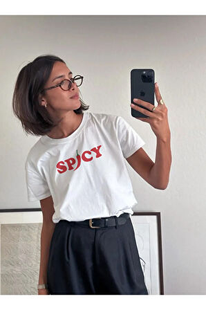 Spicy Baskılı Bisiklet Yaka Basic Trend Kadın T-shirt