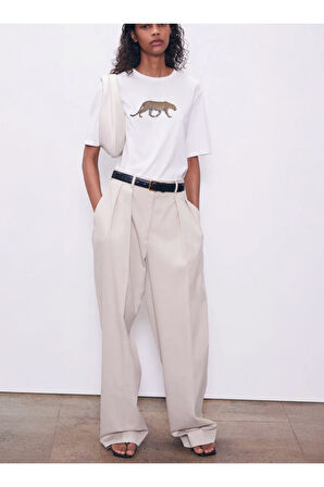 Leopard Baskılı Bisiklet Yaka Basic Trend Kadın T-shirt