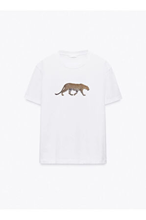 Leopard Baskılı Bisiklet Yaka Basic Trend Kadın T-shirt